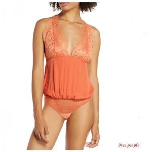 Free People Melrose Lace Bodysuit In Carolina Orange